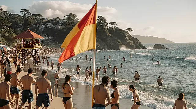 Banhistas aproveitam o mar em área sinalizada e com a presença de guarda-vidas, seguindo orientações de segurança na praia.