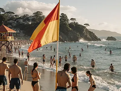 Banhistas aproveitam o mar em área sinalizada e com a presença de guarda-vidas, seguindo orientações de segurança na praia.