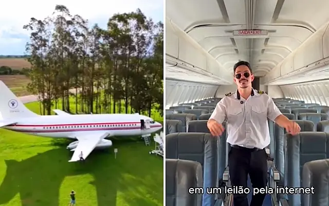 O avião Boeing 737-200, com suas 35 toneladas e 32 metros de comprimento, está estacionado às margens da GO-330.
