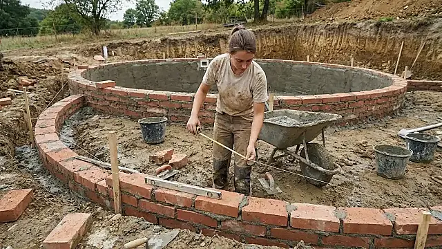 Jovem constrói piscina artesanal sozinha usando apenas tijolos, cimento e acabamento curvo.