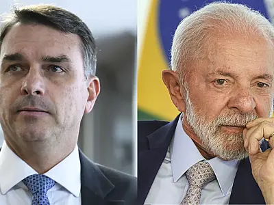 O senador Flávio Bolsonaro (à esquerda) e o presidente Luiz Inácio Lula da Silva (à direita).