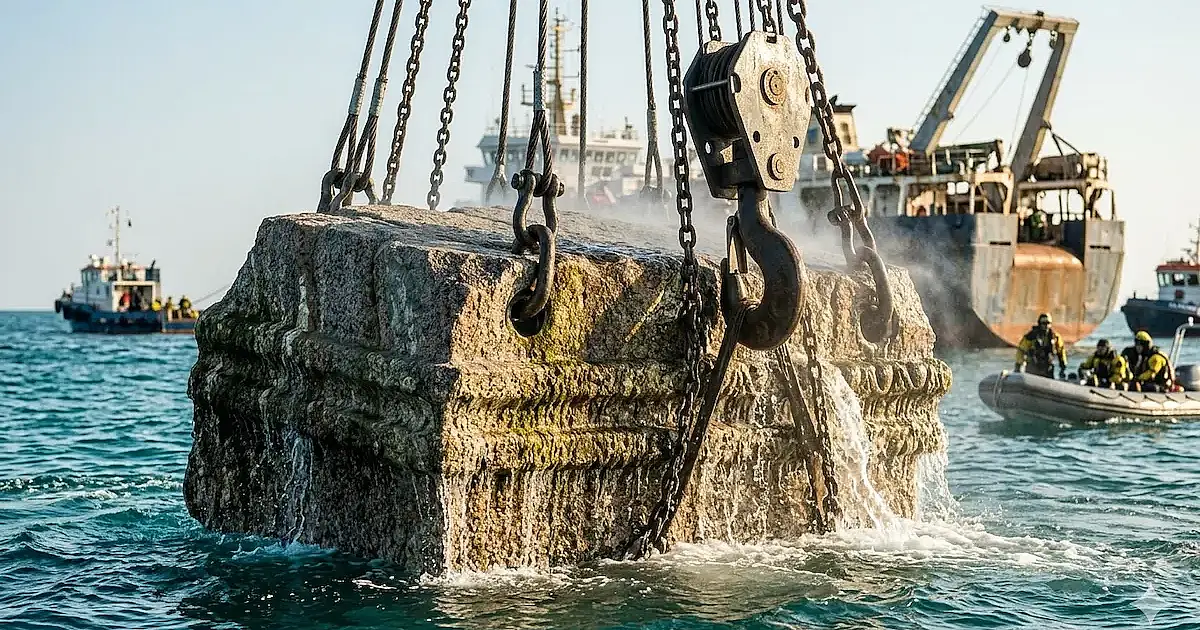 Blocos gigantes do Farol de Alexandria voltam à superfície e impulsionam reconstrução digital inédita