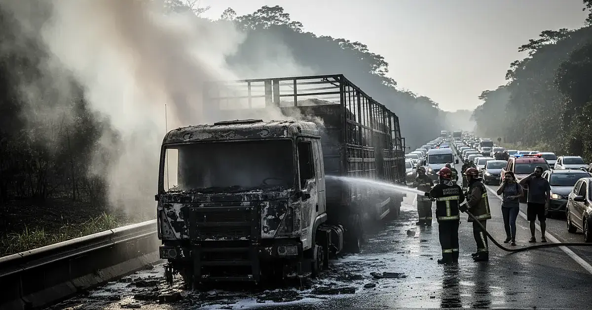 Carreta com celulose pega fogo e trava Rodovia dos Imigrantes nesta manhã