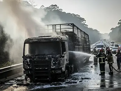Acidente com incêndio de carga ocorreu na Rodovia dos Imigrantes, em São Bernardo do Campo.