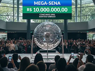 Bilhete da Mega-Sena com volante de apostas e caneta sobre mesa.