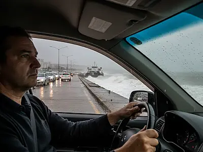 Filas de veículos aguardam embarque na balsa entre Santos e Guarujá sob chuva intensa.