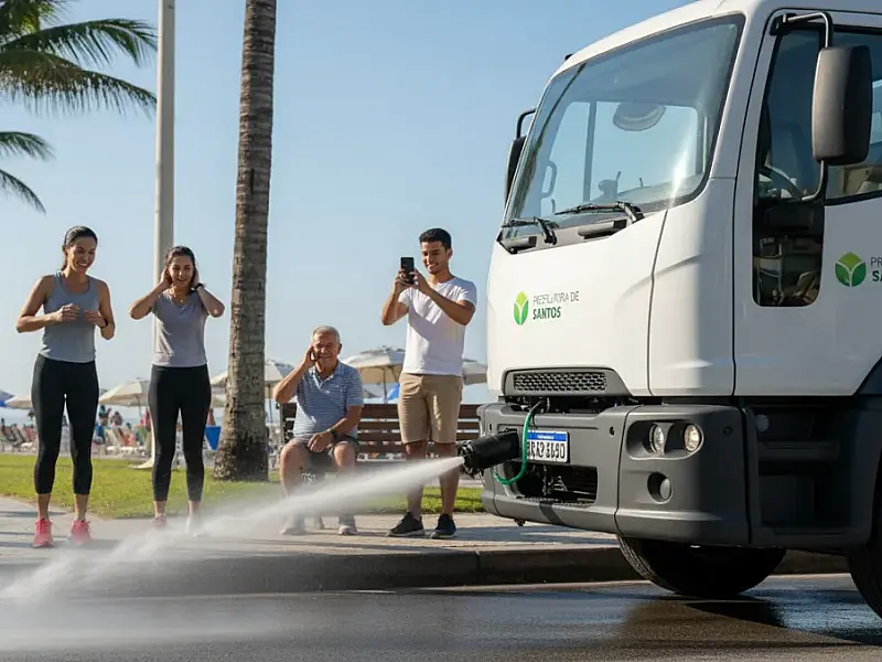 Santos amplia frota sustentável com novo caminhão elétrico para limpeza da orla