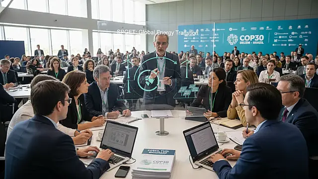Cientistas e líderes internacionais reunidos na Colômbia para o anúncio do novo painel global de transição energética.