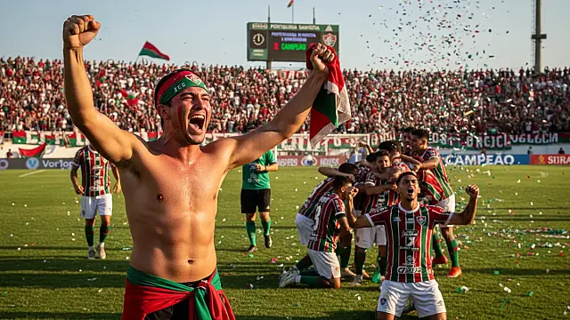 Jogadores e torcida da Portuguesa Santista celebram título inédito em Ulrico Mursa.
