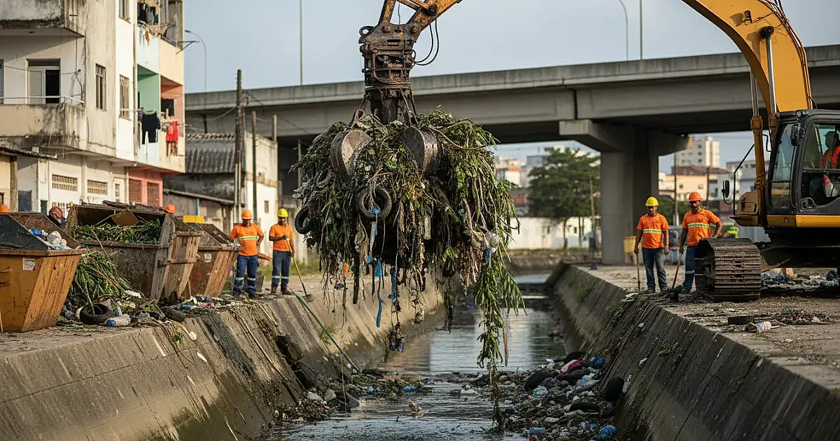 São Vicente retira 2 mil toneladas de lixo de canais para conter enchentes no Catiapoã