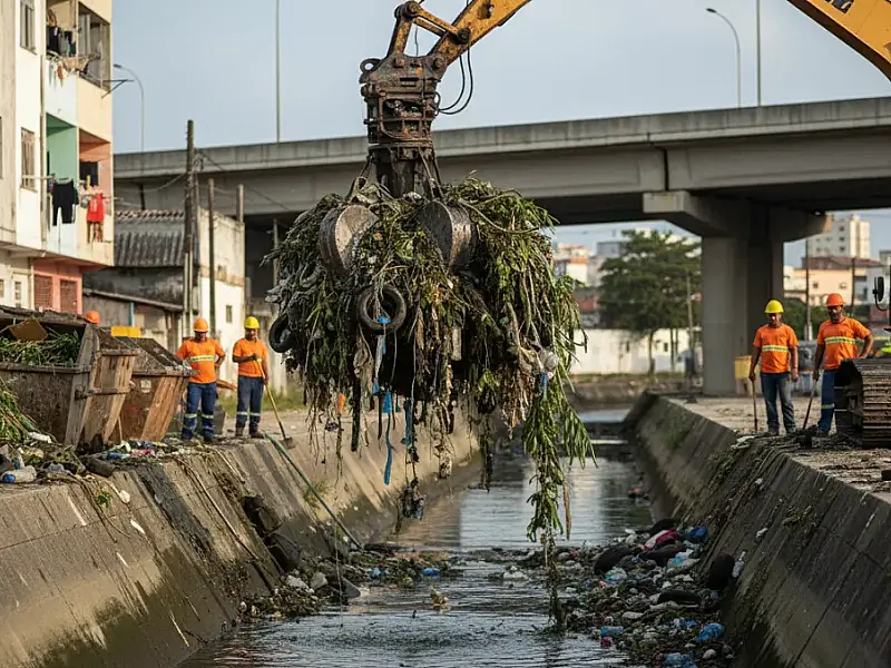 São Vicente retira 2 mil toneladas de lixo de canais para conter enchentes no Catiapoã