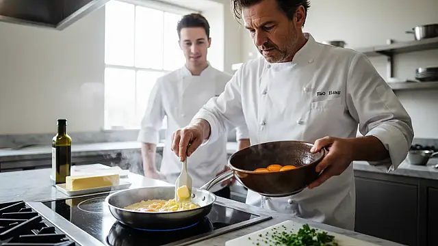 A escolha da gordura e o controle do fogo definem a cremosidade final dos ovos mexidos.