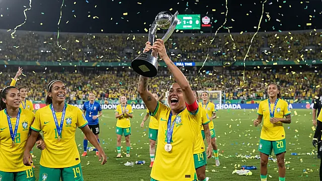 Jogadoras da Seleção Brasileira comemoram título do FIFA Series na Arena Pantanal.
