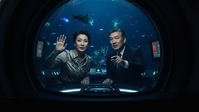 Conceito do submarino chinês de luxo com vista panorâmica de 360 graus para as profundezas abissais.