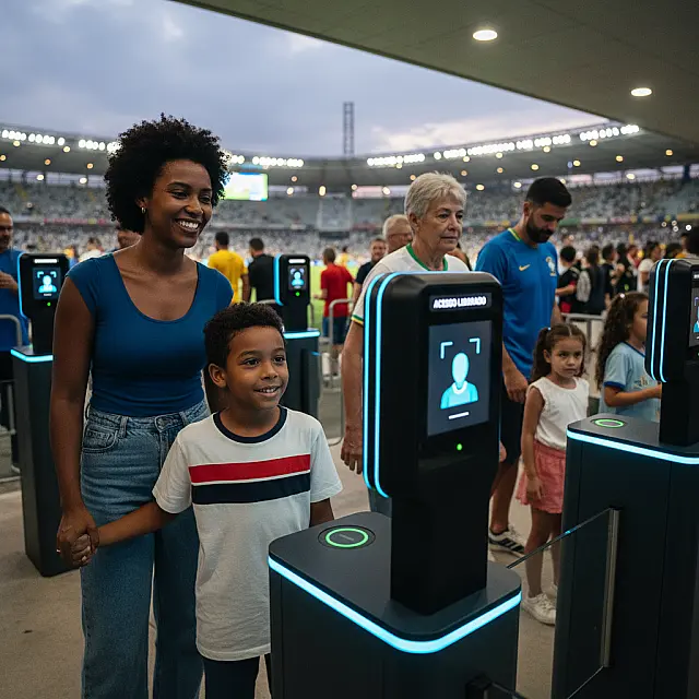 Sistema de biometria facial em estádio de futebol garante acesso rápido e seguro aos torcedores.