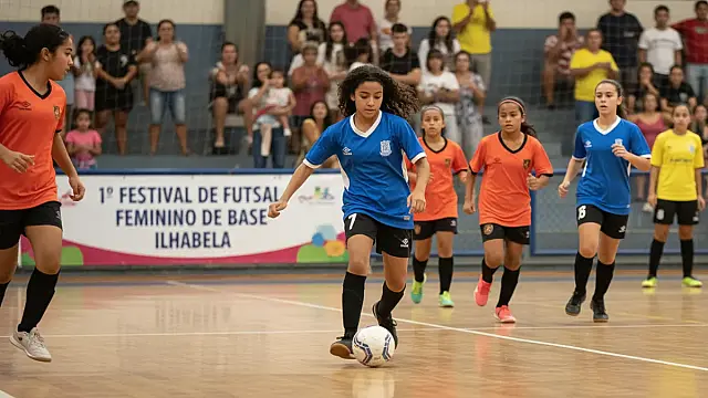 Atletas participantes do 1º Festival de Futsal Feminino de Base em Ilhabela, no Ginásio Oscar Schmid.