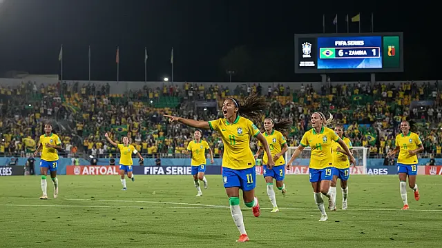 Jogadoras da Seleção Brasileira celebram gol na goleada contra a Zâmbia na Arena Pantanal.