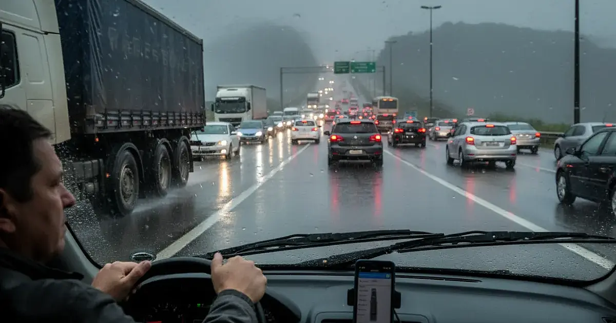 Trânsito na Anchieta-Imigrantes: chuva e pontos de lentidão complicam a subida para São Paulo nesta terça