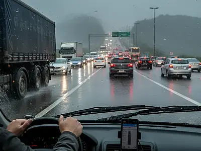 Motoristas enfrentam trânsito lento e asfalto molhado no Sistema Anchieta-Imigrantes devido às chuvas na região.