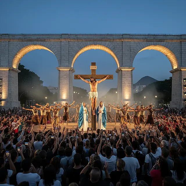 Tradicional encenação do Auto da Paixão de Cristo nos Arcos da Lapa, Rio de Janeiro.