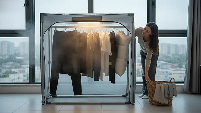 O secador elétrico utiliza uma cobertura térmica para acelerar a secagem e proteger as fibras dos tecidos.