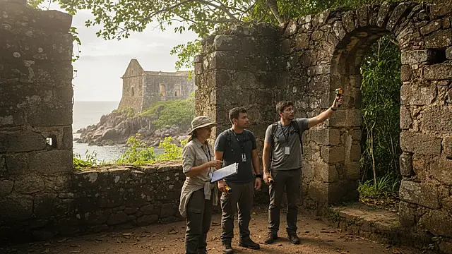 Ruínas históricas no Guarujá passam por vistoria técnica para futuro projeto de revitalização e turismo.