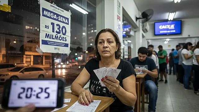 Bilhete da Mega-Sena sobre mesa com moedas, simbolizando o prêmio acumulado de R$ 130 milhões.