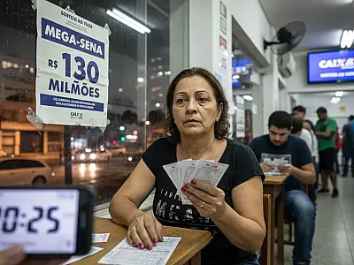 Bilhete da Mega-Sena sobre mesa com moedas, simbolizando o prêmio acumulado de R$ 130 milhões.