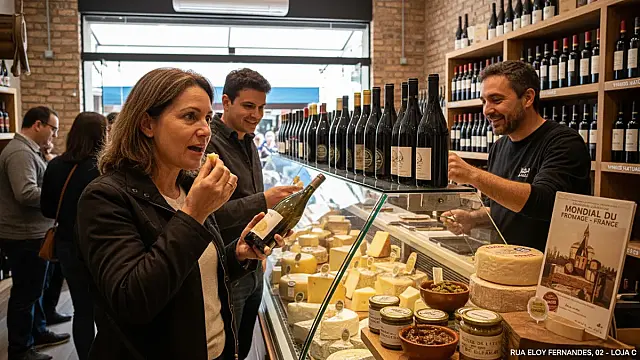 Seleção de queijos artesanais premiados e vinhos naturais na queijaria Medalha, em Santos.