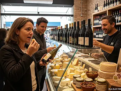 Seleção de queijos artesanais premiados e vinhos naturais na queijaria Medalha, em Santos.