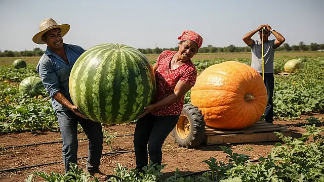 Frutas gigantes como a melancia de 20kg resultam de seleção genética e manejo de precisão.