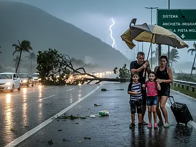 Céu carregado no litoral de São Paulo indica chegada de frente fria e fortes chuvas.
