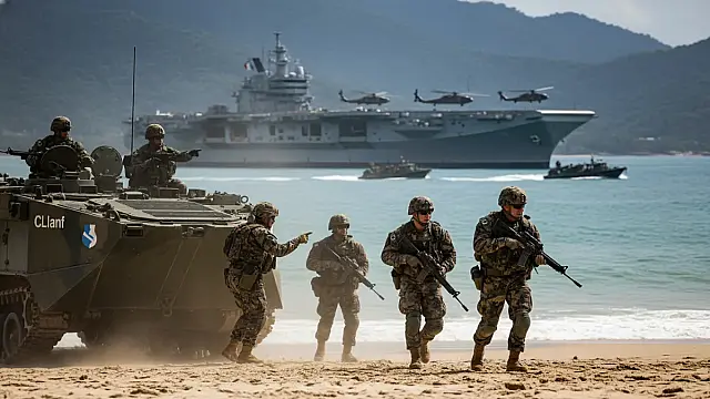 Militares brasileiros e franceses durante exercício anfíbio na Ilha da Marambaia, no Rio de Janeiro. Foto: Tomaz Silva/Agência Brasil