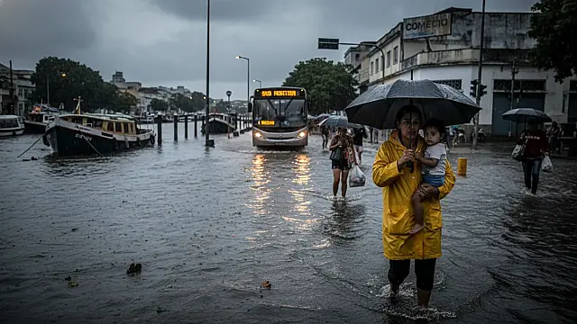 Céu encoberto e pista molhada na orla de Santos durante a chegada da frente fria nesta semana.