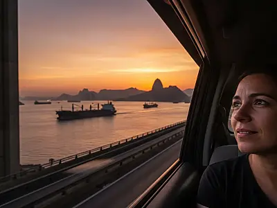 O entardecer na Ponte Rio-Niterói revela o contraste entre a engenharia monumental e a beleza da Baía de Guanabara.
