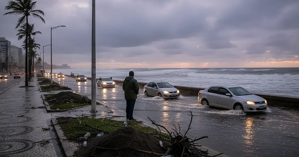 Ressaca em Santos: Mar invade orla, alaga avenidas e reduz faixa de areia no litoral