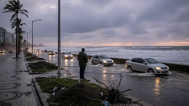 O mar avançou sobre a calçada e atingiu os jardins da orla de Santos durante a madrugada. Foto: Reprodução/Diário do Litoral
