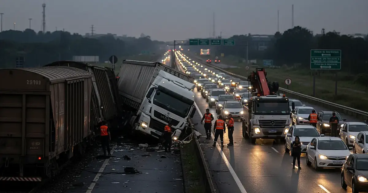 Acidente entre trem e carreta bloqueia Rodovia Cônego Domênico Rangoni e causa filas em Cubatão