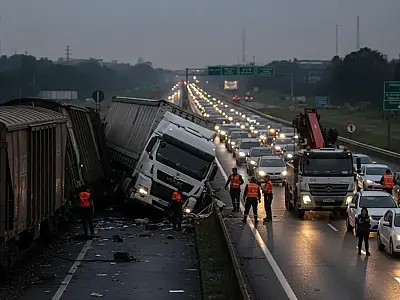 Colisão entre composição ferroviária e carreta causou interdição e lentidão em Cubatão na madrugada desta quarta-feira.