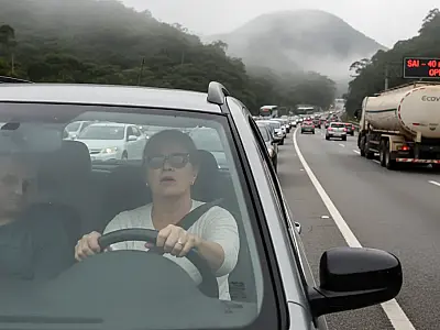 Congestionamento intenso na Rodovia dos Imigrantes durante feriado do Dia do Trabalho.