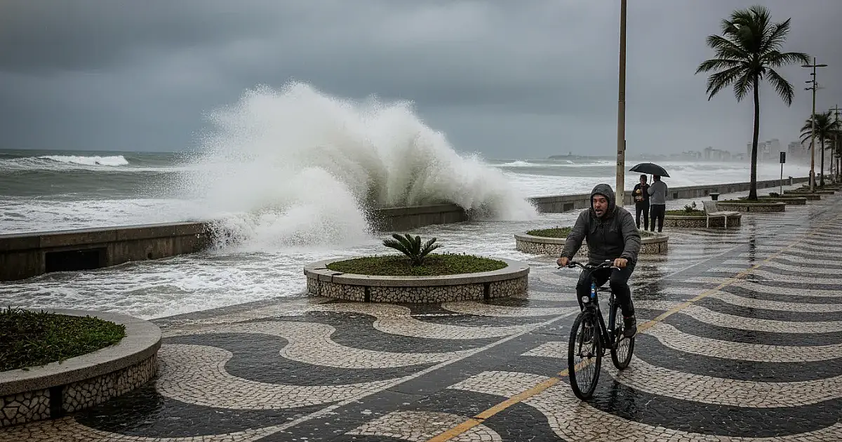 Mar invade orla de Santos em manhã de ressaca e frio de 19°C
