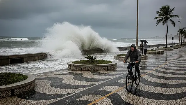 Ressaca atinge a orla de Santos em manhã fria e com maré alta. Foto: Reprodução/Diário do Litoral