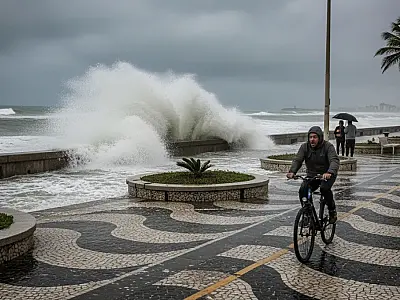 Mar invade orla de Santos em manhã de ressaca e frio de 19°C