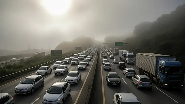 Fluxo intenso de veículos na subida da Serra do Mar pelo Sistema Anchieta-Imigrantes.