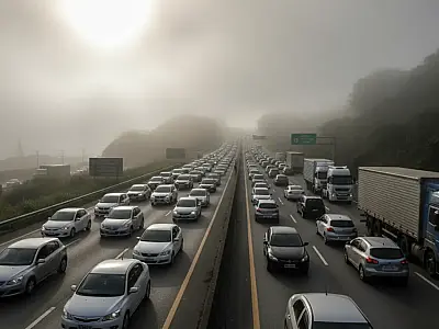 Fluxo intenso de veículos na subida da Serra do Mar pelo Sistema Anchieta-Imigrantes.