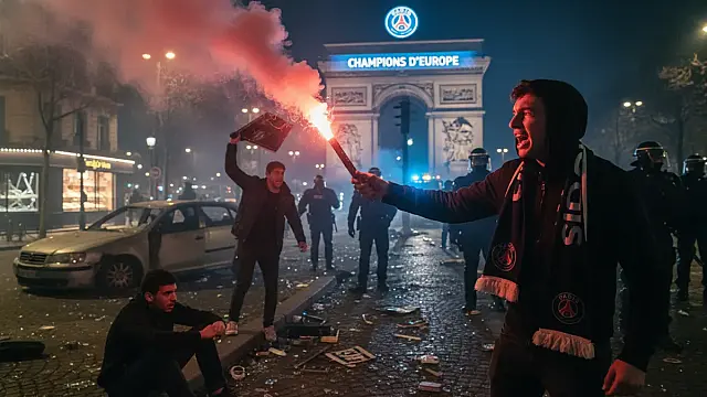 Festa da torcida do PSG em Paris foi acompanhada por forte esquema de segurança e registro de vandalismo em pontos isolados. Foto: LOU BENOIST / AFP