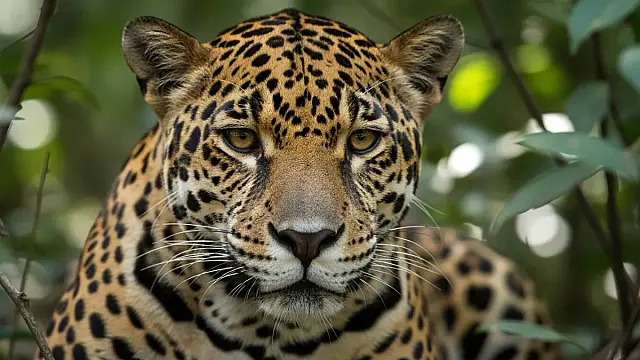 O olhar penetrante da onça-pintada revela a força e a confiança do maior felino das Américas. Foto: Giles Laurent / Wikimedia Commons