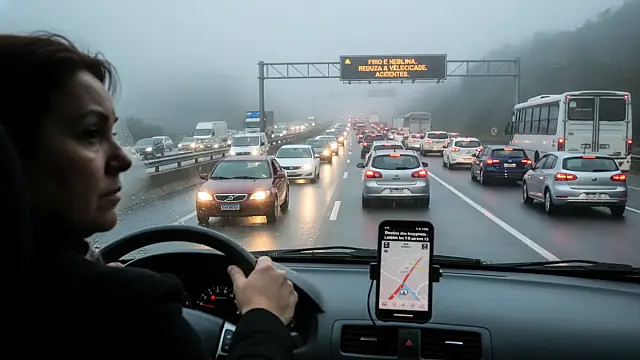Rodovia dos Imigrantes apresenta fluxo intenso e pontos de parada na chegada à capital paulista nesta manhã fria.