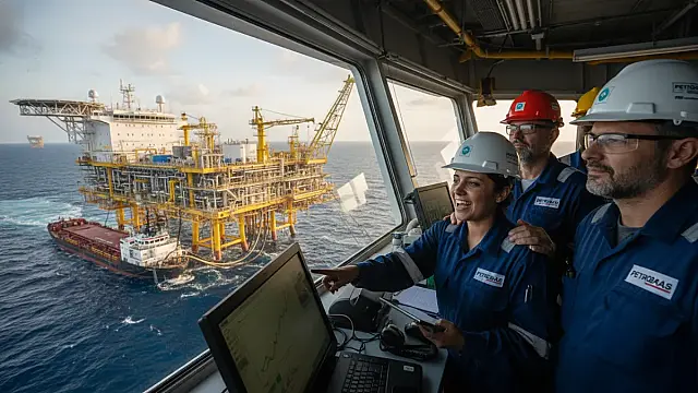 Plataforma P-79 inicia operação antecipada no Campo de Búzios, litoral da Bacia de Santos.