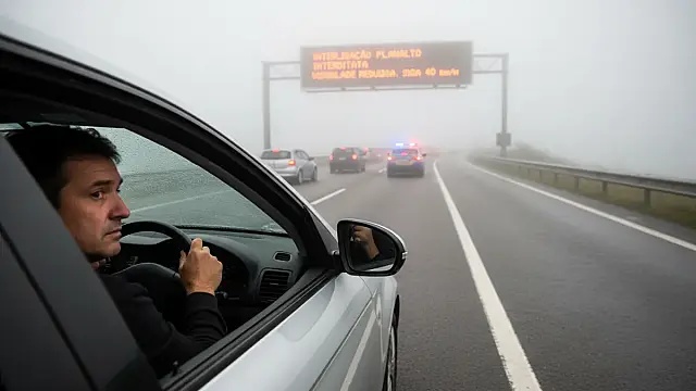 Neblina densa na região da Serra do Mar provoca interdição em trecho estratégico do Sistema Anchieta-Imigrantes neste domingo.